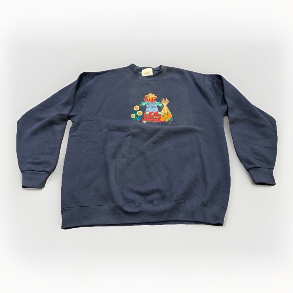 Vintage Peanut Butter & Jelly Mens Navy Scarecrow Pumpkin Sweatshirt Size L USA